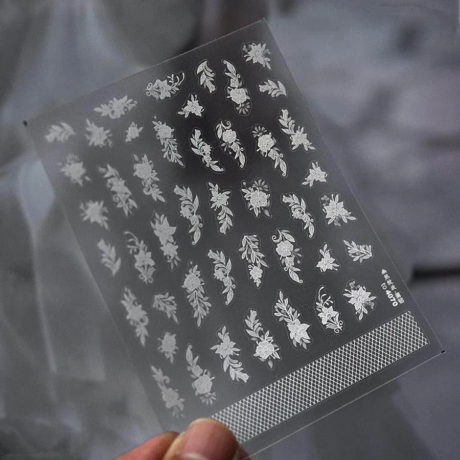 Embossed Flower Lace Nail Art Stickers White Bridal Lace Adhesive Embossed Sticker Decals to4070