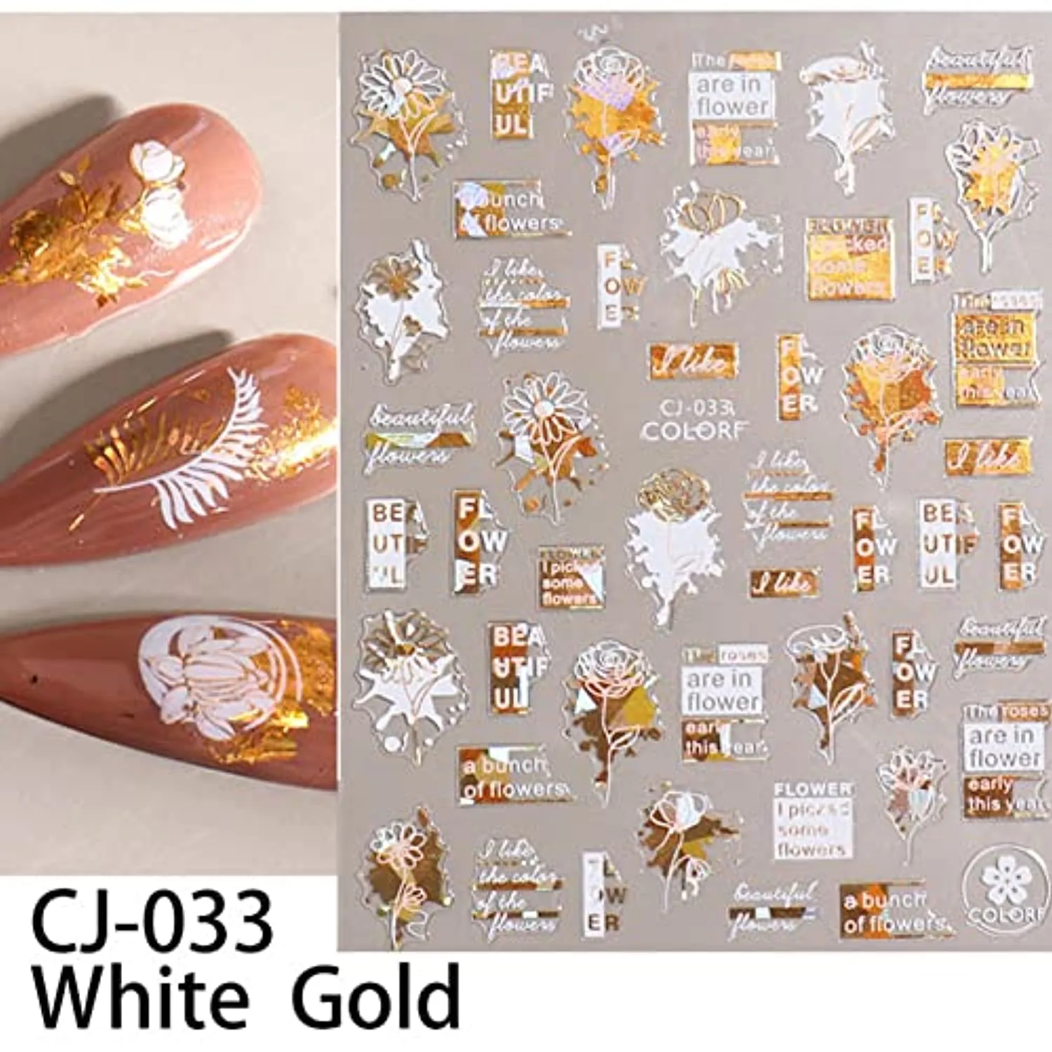 Flower Nail Art Stickers Decals 6Sheets Gold White Bronzing Flowers Nail Decals Leaves Flower 3D Self-Adhesive Slider Decals for Spring Summer Nail Art Decorations Women Girls DIY Nail Art Supplies