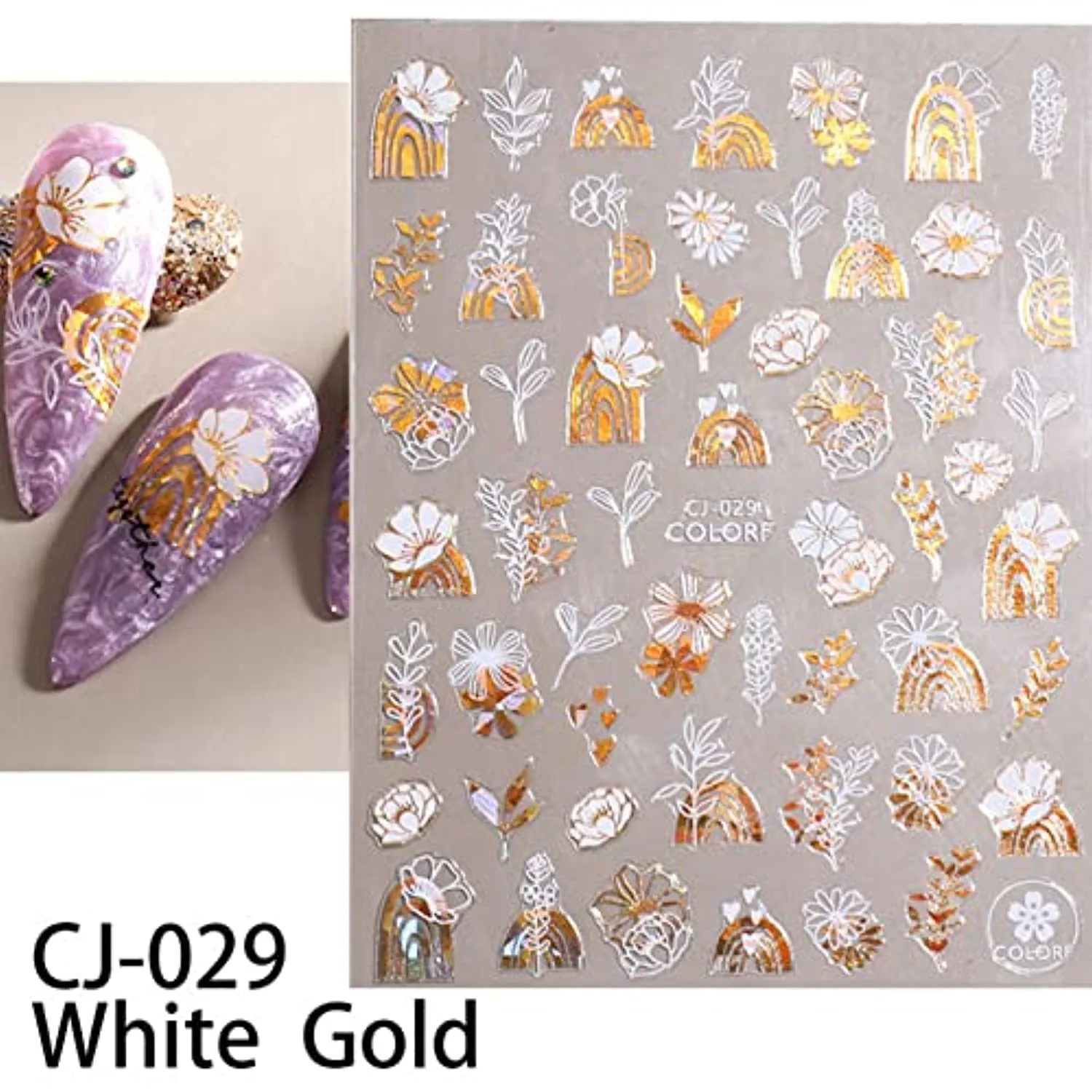 Flower Nail Art Stickers Decals 6Sheets Gold White Bronzing Flowers Nail Decals Leaves Flower 3D Self-Adhesive Slider Decals for Spring Summer Nail Art Decorations Women Girls DIY Nail Art Supplies