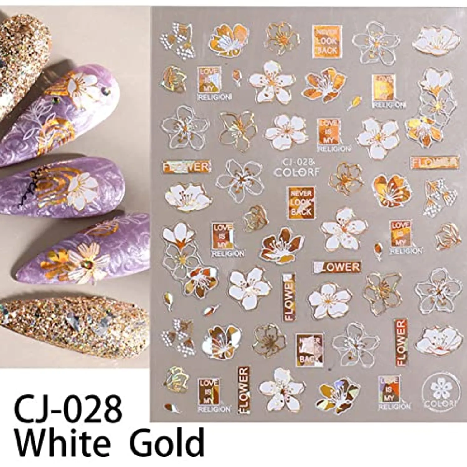 Flower Nail Art Stickers Decals 6Sheets Gold White Bronzing Flowers Nail Decals Leaves Flower 3D Self-Adhesive Slider Decals for Spring Summer Nail Art Decorations Women Girls DIY Nail Art Supplies