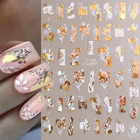 Flower Nail Art Stickers Decals 6Sheets Gold White Bronzing Flowers Nail Decals Leaves Flower 3D Self-Adhesive Slider Decals for Spring Summer Nail Art Decorations Women Girls DIY Nail Art Supplies