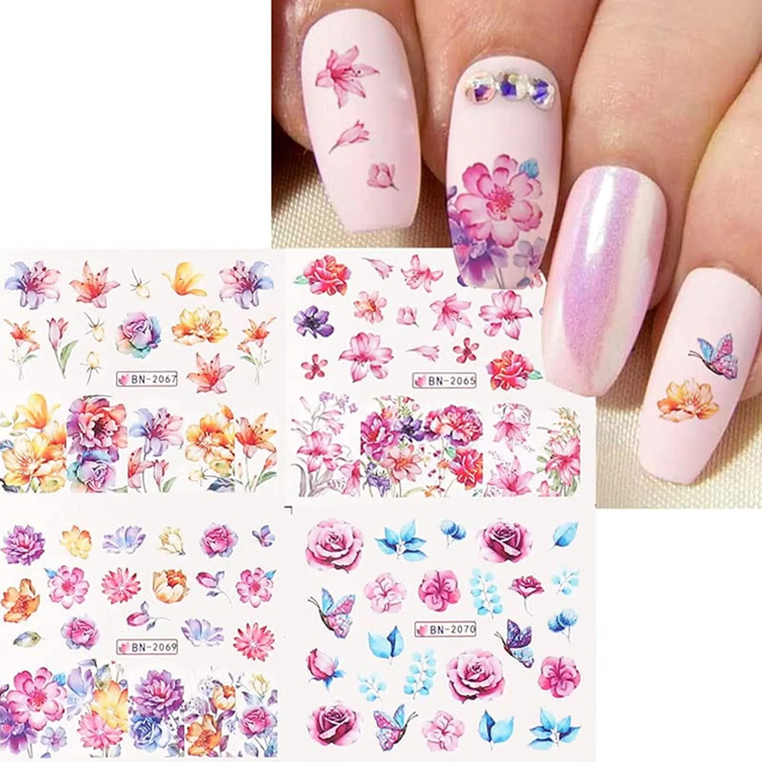 Flower Nail Art Stickers Spring Summer Nail Decal Nail Decoration Supplies Flower Water Transfer Nail Stickers for Women Winter Jasmine Plum Blossom Nail Design for Acrylic Nail Supplies Manicure Tips