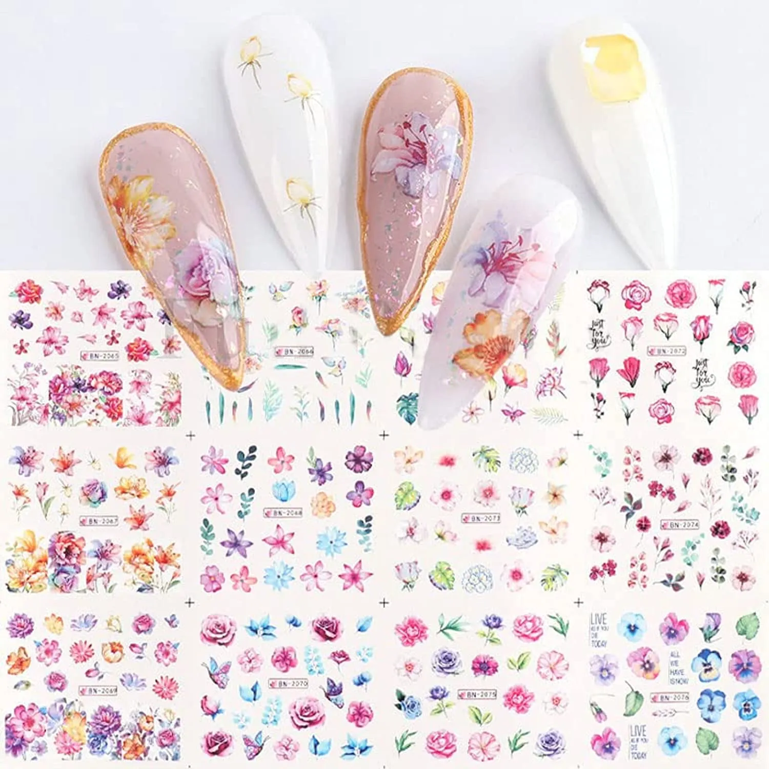Flower Nail Art Stickers Spring Summer Nail Decal Nail Decoration Supplies Flower Water Transfer Nail Stickers for Women Winter Jasmine Plum Blossom Nail Design for Acrylic Nail Supplies Manicure Tips