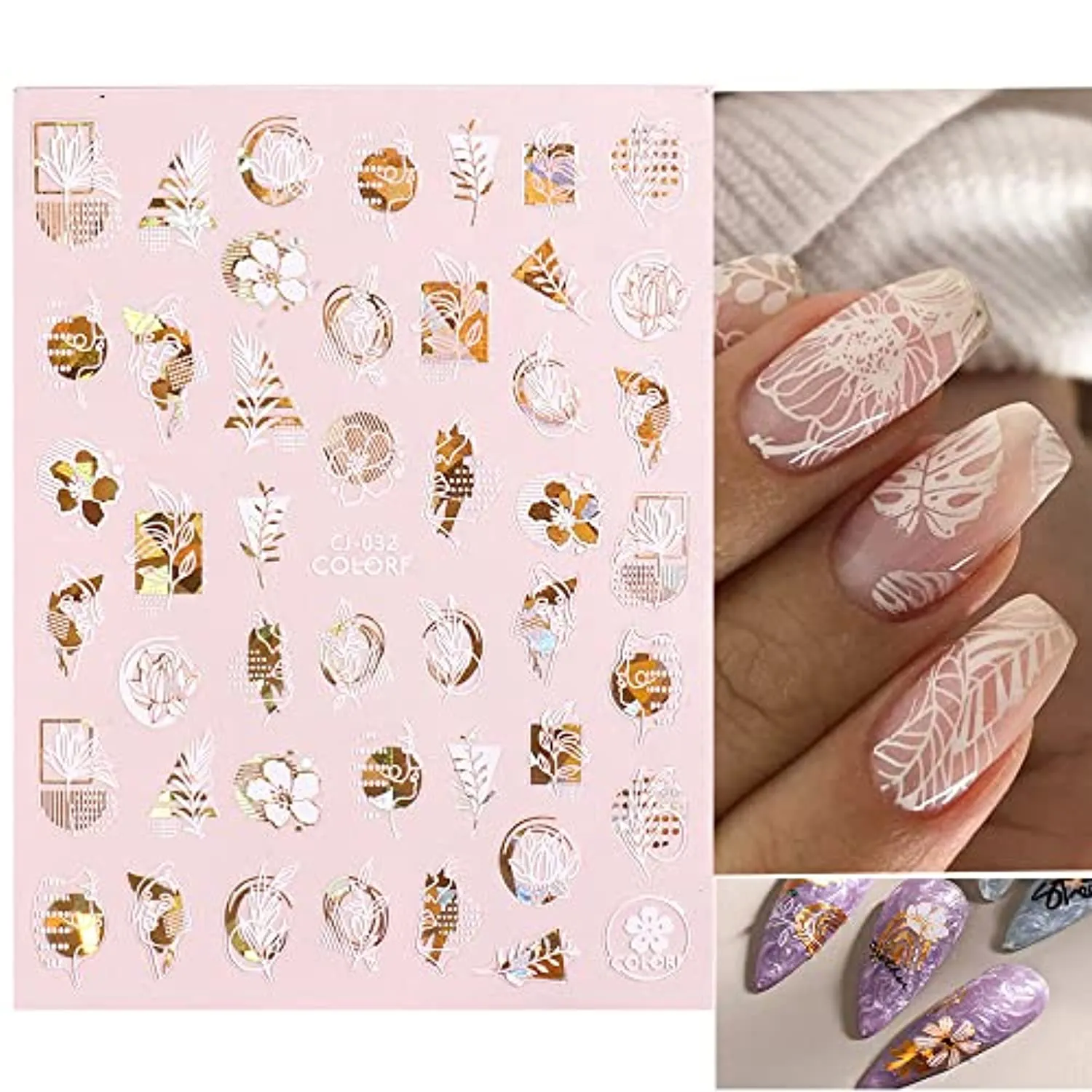 Flower Nail Stickers, 3D Metal Gold Spring Nail Decals Metallic Gold White Cherry Blossoms Leaves Bees Flowers Spring Nail Art Design DIY Nail Decoration for Women Kids(9 Sheets)