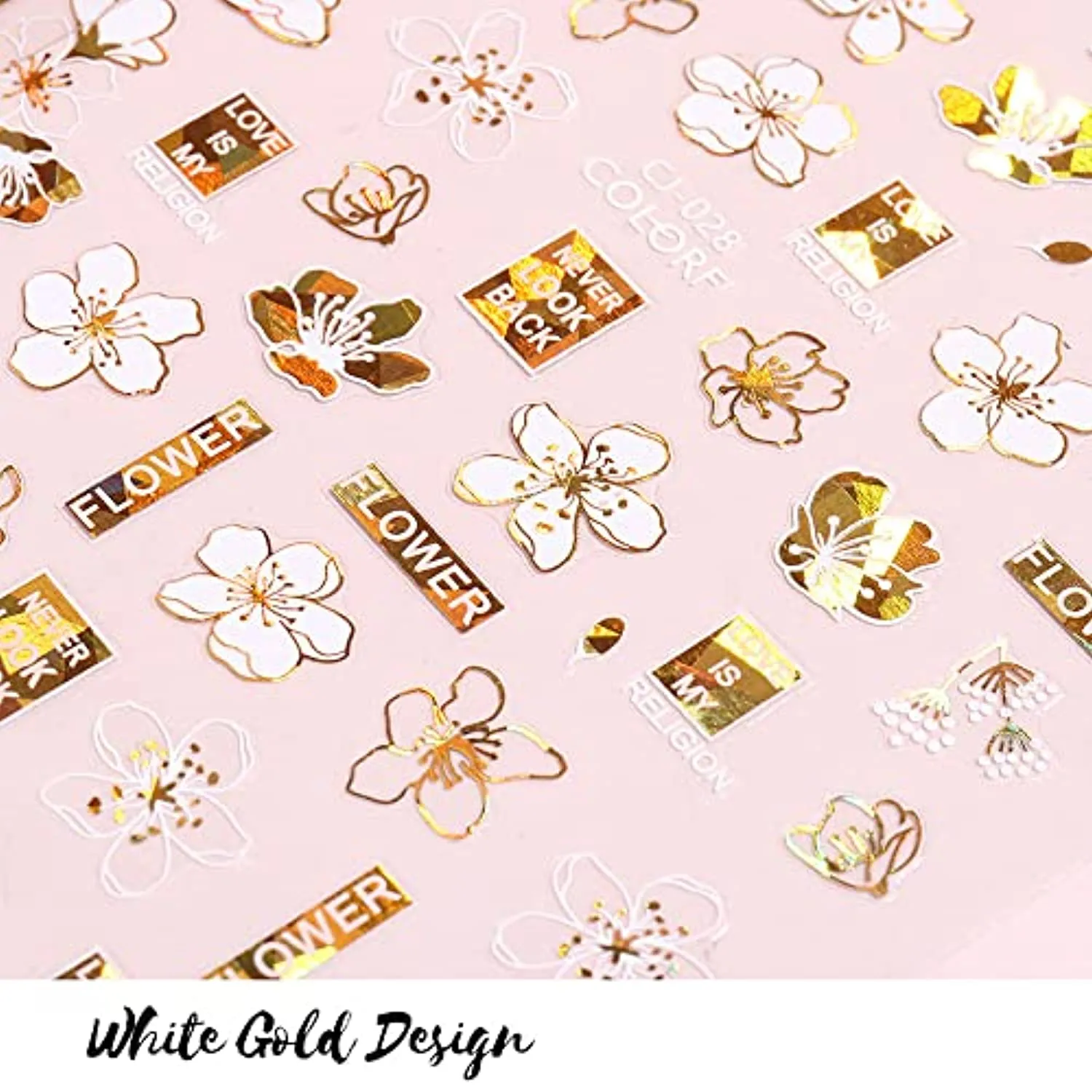 Flower Nail Stickers, 3D Metal Gold Spring Nail Decals Metallic Gold White Cherry Blossoms Leaves Bees Flowers Spring Nail Art Design DIY Nail Decoration for Women Kids(9 Sheets)