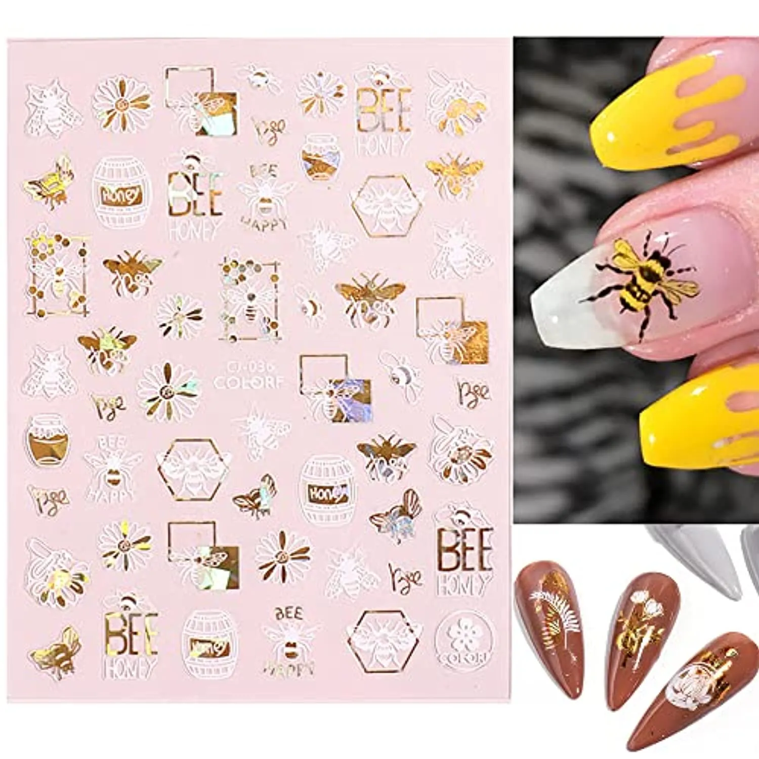 Flower Nail Stickers, 3D Metal Gold Spring Nail Decals Metallic Gold White Cherry Blossoms Leaves Bees Flowers Spring Nail Art Design DIY Nail Decoration for Women Kids(9 Sheets)