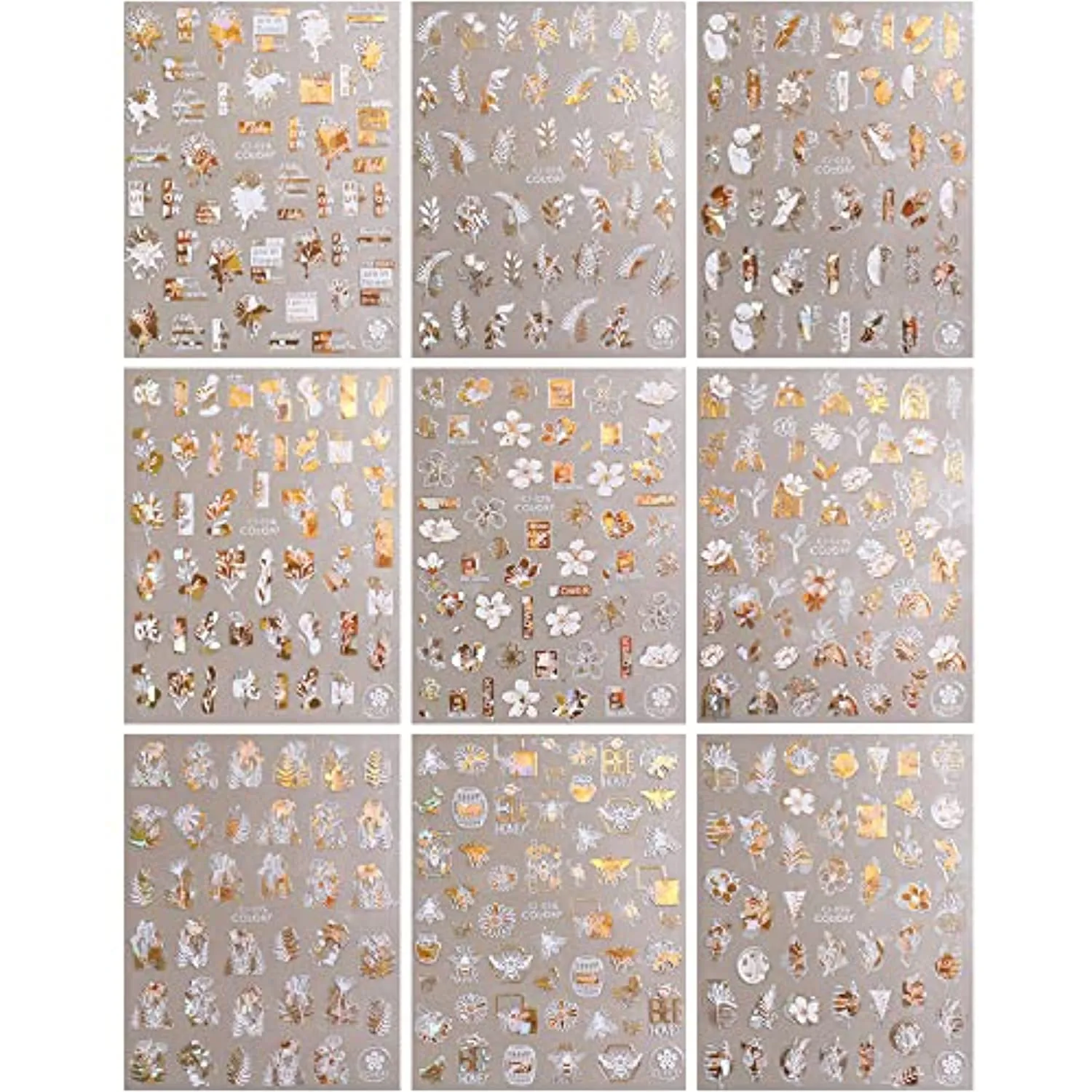 Flower Nail Stickers, 3D Metal Gold Spring Nail Decals Metallic Gold White Cherry Blossoms Leaves Bees Flowers Spring Nail Art Design DIY Nail Decoration for Women Kids(9 Sheets)
