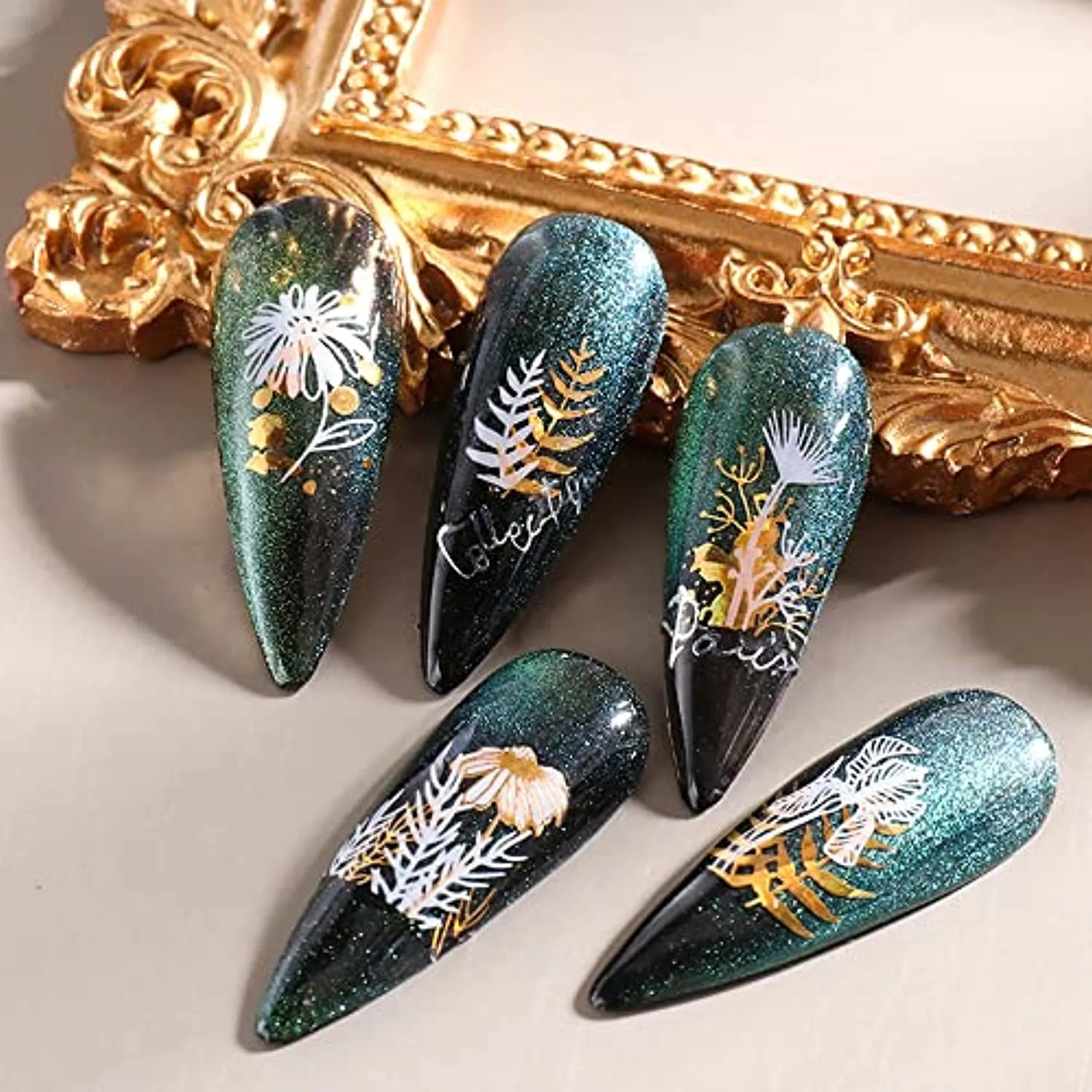 Flower Nail Stickers, 3D Metal Gold Spring Nail Decals Metallic Gold White Cherry Blossoms Leaves Bees Flowers Spring Nail Art Design DIY Nail Decoration for Women Kids(9 Sheets)
