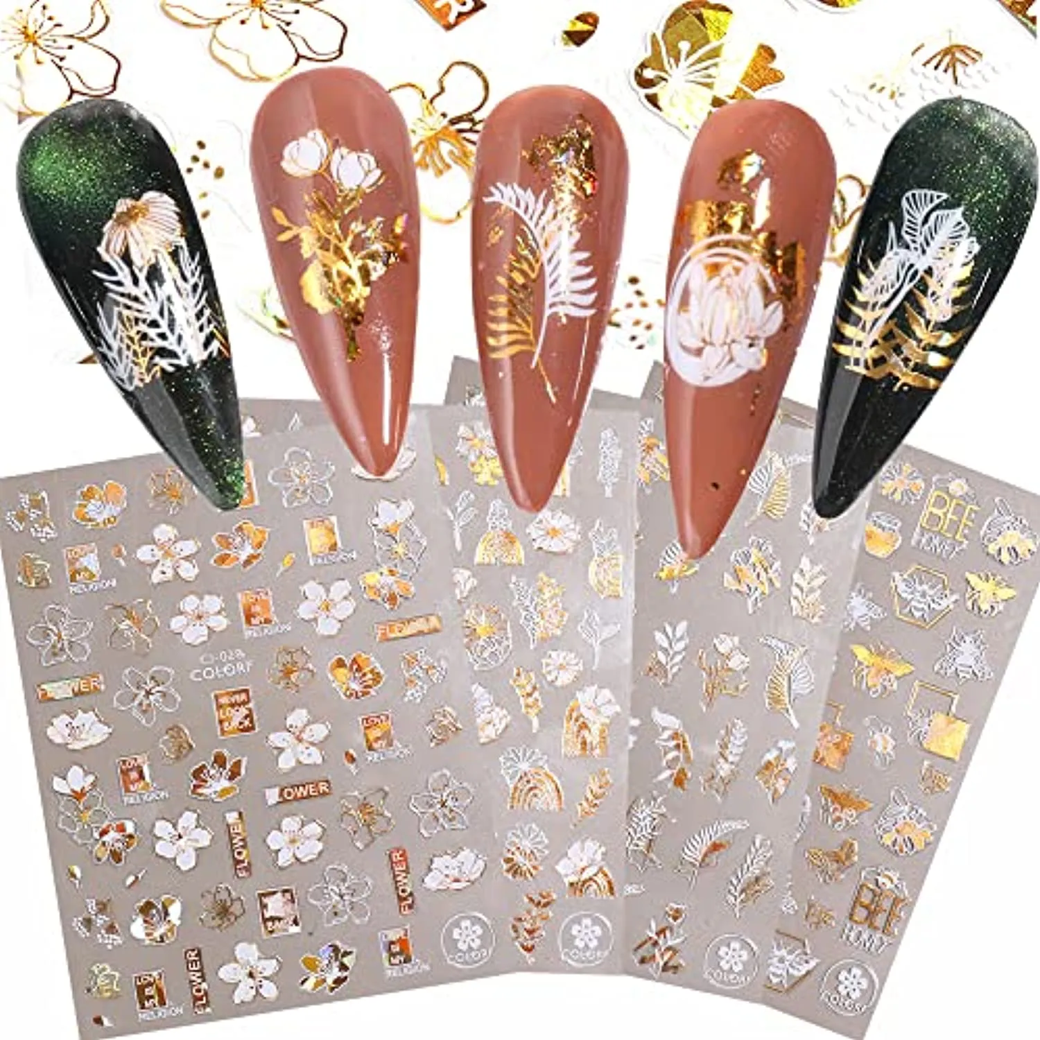Flower Nail Stickers, 3D Metal Gold Spring Nail Decals Metallic Gold White Cherry Blossoms Leaves Bees Flowers Spring Nail Art Design DIY Nail Decoration for Women Kids(9 Sheets)