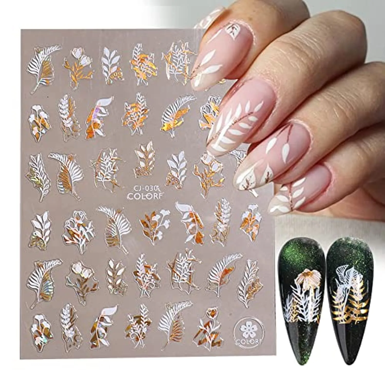 Flower Nail Stickers, 3D Metal Gold Spring Nail Decals Metallic Gold White Cherry Blossoms Leaves Bees Flowers Spring Nail Art Design DIY Nail Decoration for Women Kids(9 Sheets)