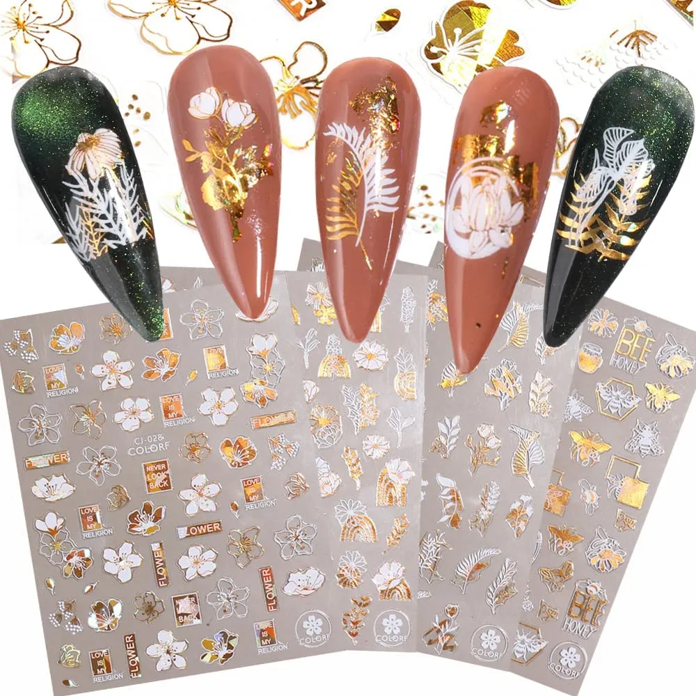 Flower Nail Stickers, 3D Metal Gold Spring Nail Decals Metallic Gold White Cherry Blossoms Leaves Bees Flowers Spring Nail Art Design DIY Nail Decoration for Women Kids(9 Sheets)