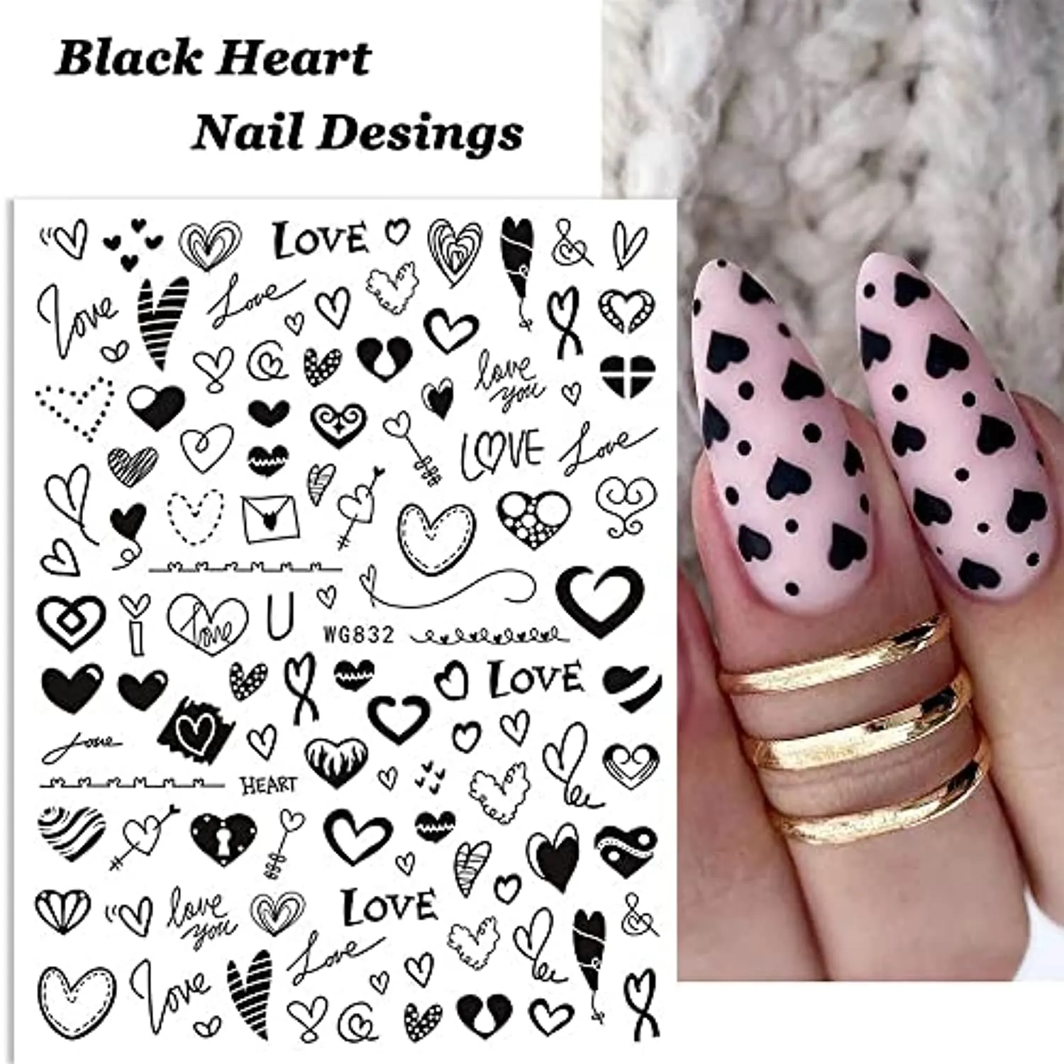 Heart Nail Stickers - 6 Sheets Hearts Nail Decals for Women - 3D Self Adhesive Heart Nail Art Stickers - Black Red Heart Love Angel Cupid Nail Designs DIY Valentines Manicure Decorations
