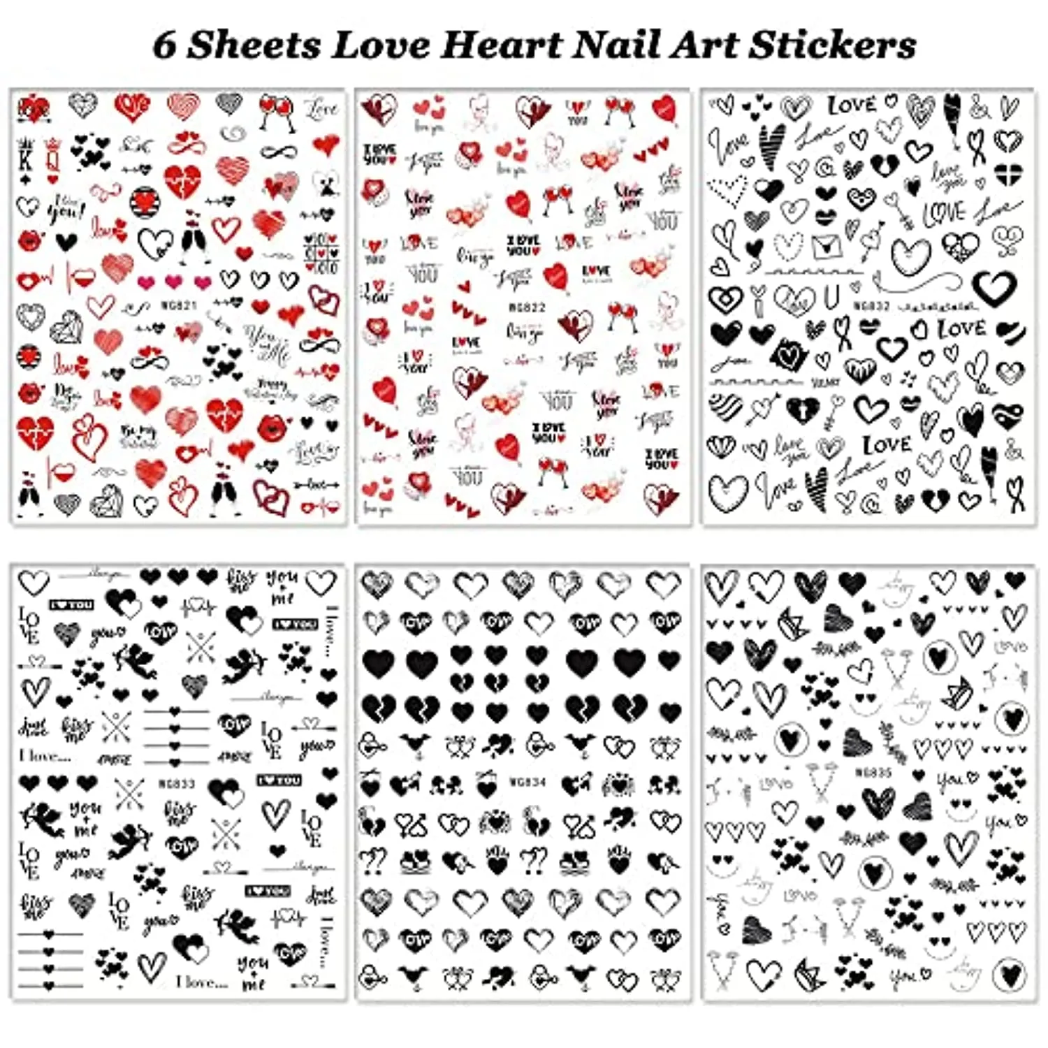 Heart Nail Stickers - 6 Sheets Hearts Nail Decals for Women - 3D Self Adhesive Heart Nail Art Stickers - Black Red Heart Love Angel Cupid Nail Designs DIY Valentines Manicure Decorations