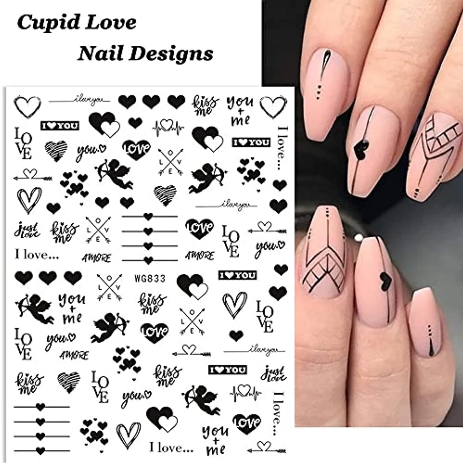 Heart Nail Stickers - 6 Sheets Hearts Nail Decals for Women - 3D Self Adhesive Heart Nail Art Stickers - Black Red Heart Love Angel Cupid Nail Designs DIY Valentines Manicure Decorations