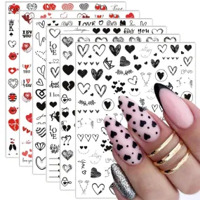 Heart Nail Stickers - 6 Sheets Hearts Nail Decals for Women - 3D Self Adhesive Heart Nail Art Stickers - Black Red Heart Love Angel Cupid Nail Designs DIY Valentines Manicure Decorations