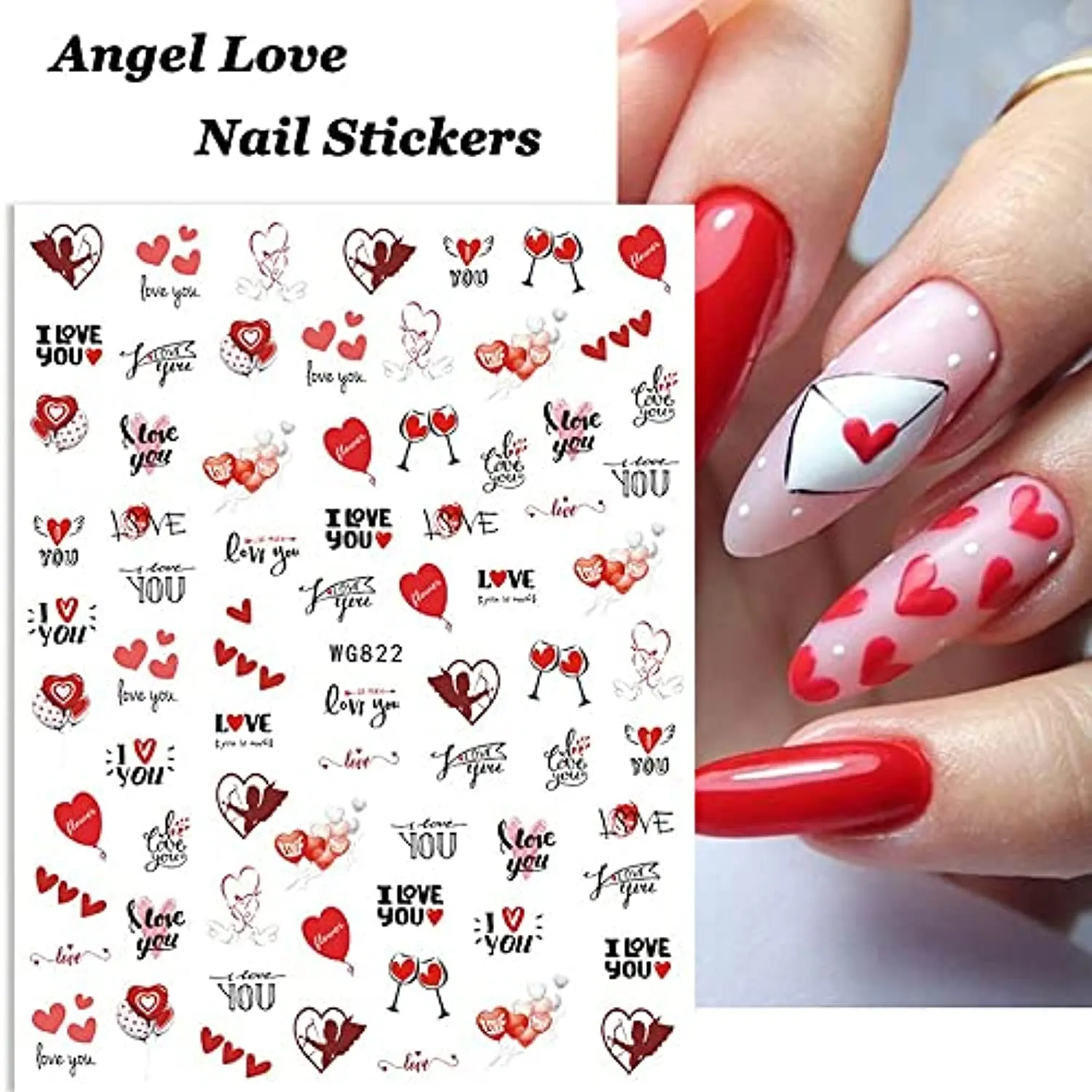 Heart Nail Stickers - 6 Sheets Hearts Nail Decals for Women - 3D Self Adhesive Heart Nail Art Stickers - Black Red Heart Love Angel Cupid Nail Designs DIY Valentines Manicure Decorations