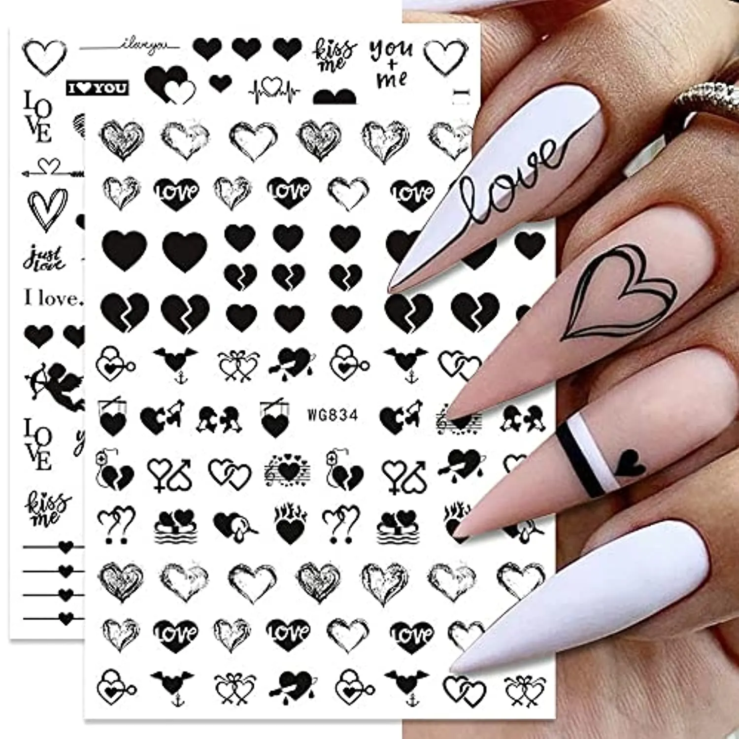 Heart Nail Stickers - 6 Sheets Hearts Nail Decals for Women - 3D Self Adhesive Heart Nail Art Stickers - Black Red Heart Love Angel Cupid Nail Designs DIY Valentines Manicure Decorations