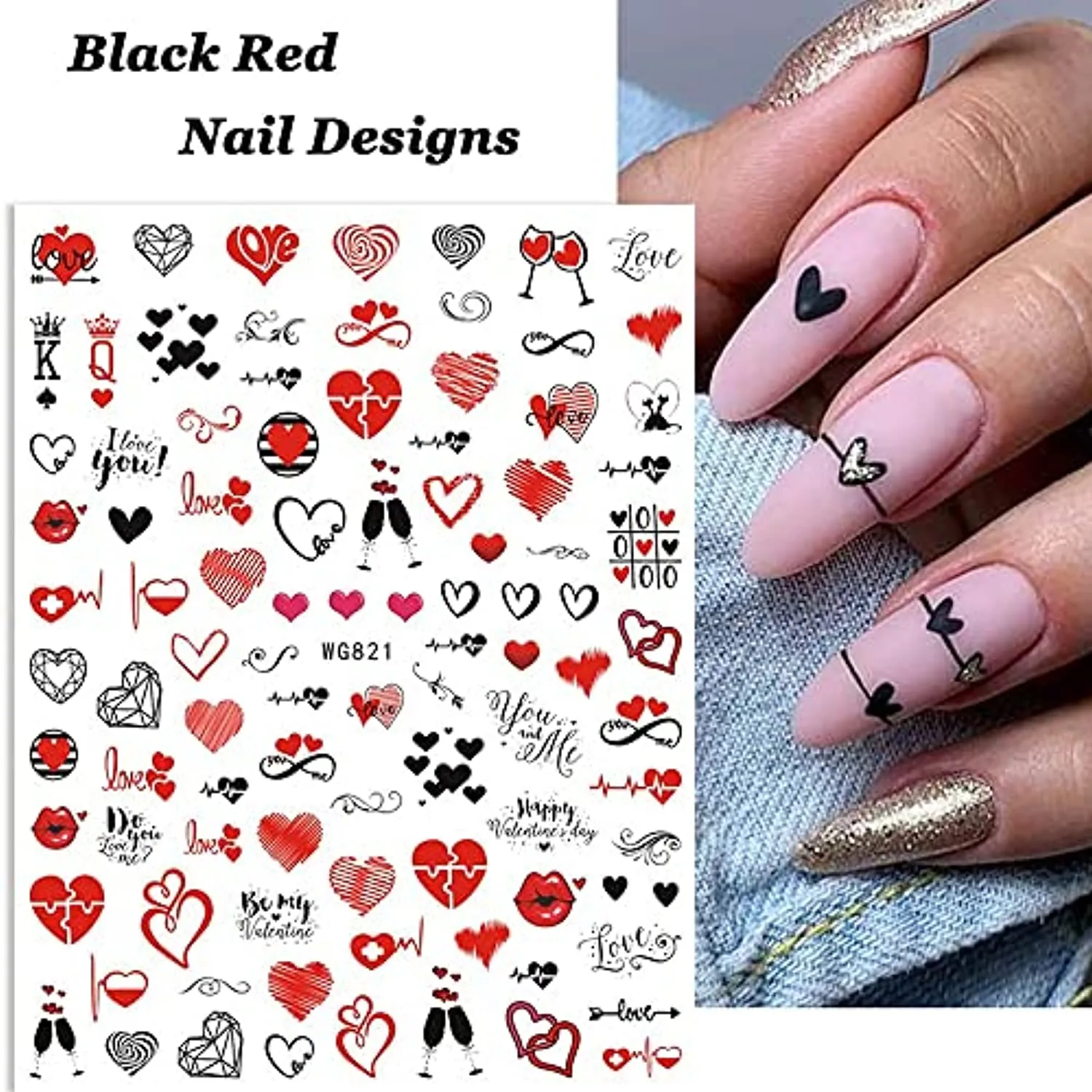 Heart Nail Stickers - 6 Sheets Hearts Nail Decals for Women - 3D Self Adhesive Heart Nail Art Stickers - Black Red Heart Love Angel Cupid Nail Designs DIY Valentines Manicure Decorations