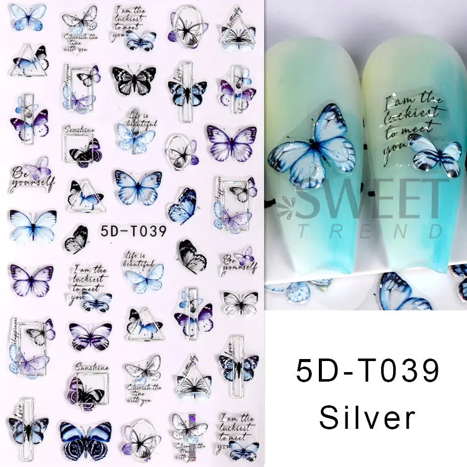 Joskaa 5D Black And White Butterfly Nails Stickers Luxury Embossed Nail Art Decals Cool Girl Text Lettering Sticker Manicure Decoration