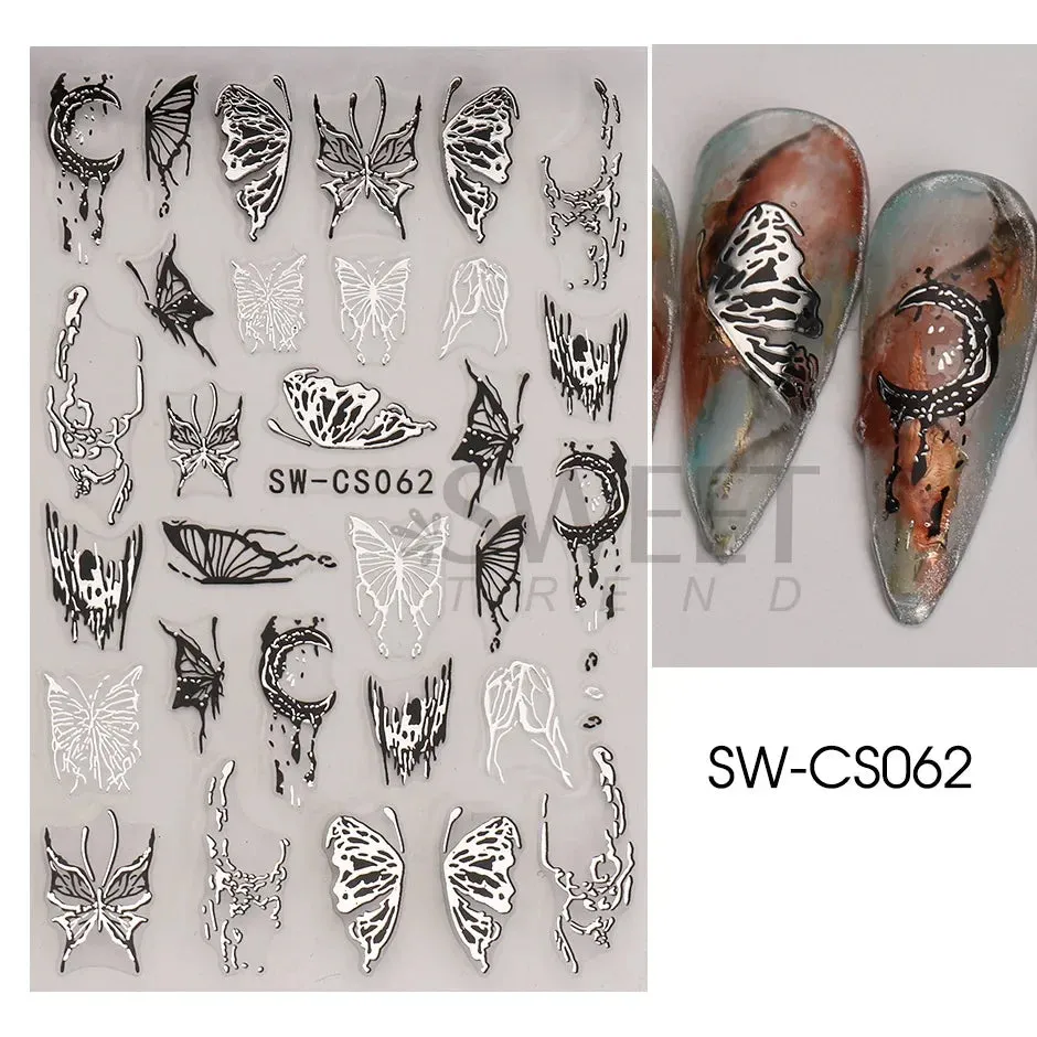Joskaa 5D Black And White Butterfly Nails Stickers Luxury Embossed Nail Art Decals Cool Girl Text Lettering Sticker Manicure Decoration