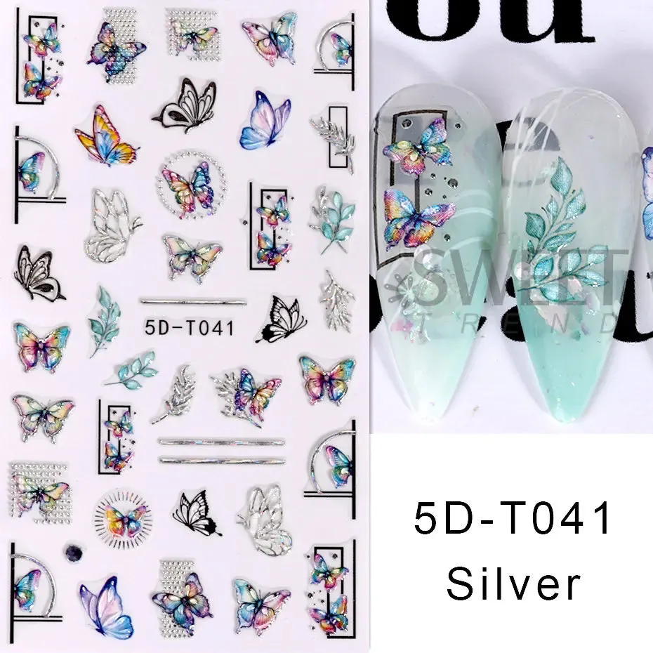 Joskaa 5D Black And White Butterfly Nails Stickers Luxury Embossed Nail Art Decals Cool Girl Text Lettering Sticker Manicure Decoration