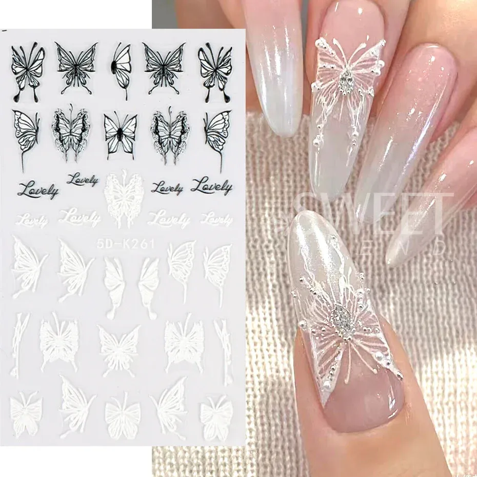 Joskaa 5D Black And White Butterfly Nails Stickers Luxury Embossed Nail Art Decals Cool Girl Text Lettering Sticker Manicure Decoration