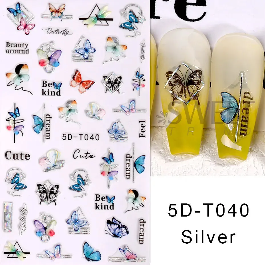 Joskaa 5D Black And White Butterfly Nails Stickers Luxury Embossed Nail Art Decals Cool Girl Text Lettering Sticker Manicure Decoration