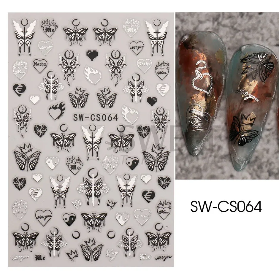 Joskaa 5D Black And White Butterfly Nails Stickers Luxury Embossed Nail Art Decals Cool Girl Text Lettering Sticker Manicure Decoration