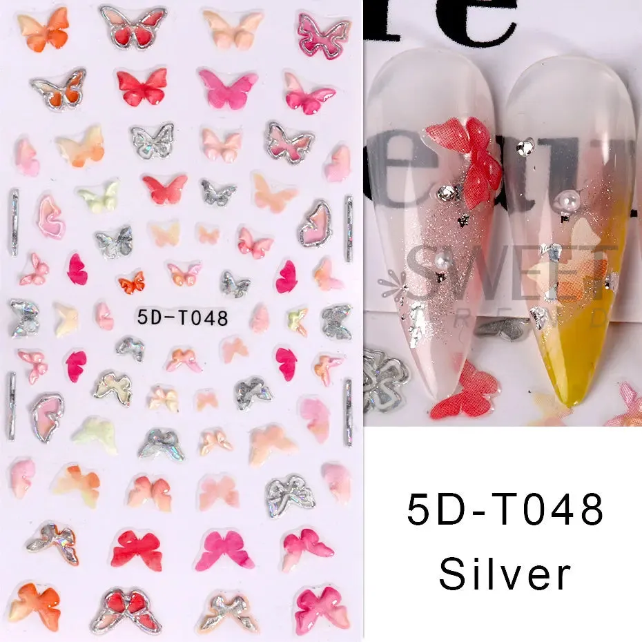 Joskaa 5D Black And White Butterfly Nails Stickers Luxury Embossed Nail Art Decals Cool Girl Text Lettering Sticker Manicure Decoration