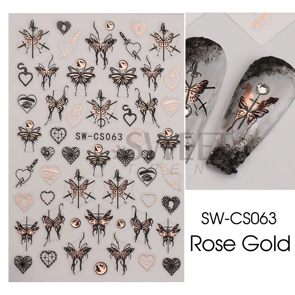 Joskaa 5D Black And White Butterfly Nails Stickers Luxury Embossed Nail Art Decals Cool Girl Text Lettering Sticker Manicure Decoration