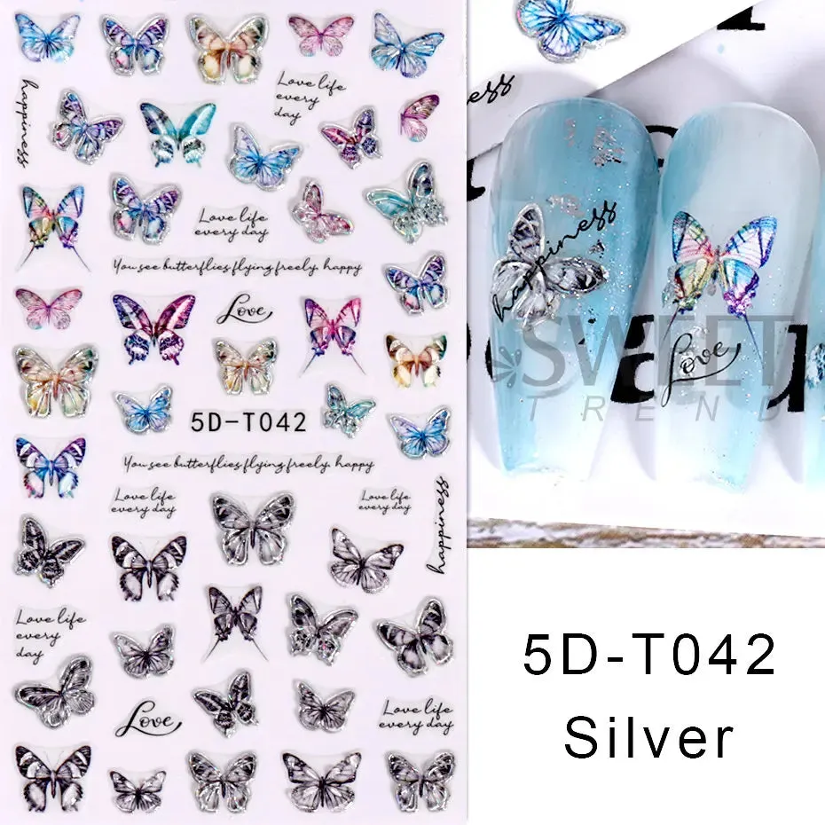 Joskaa 5D Black And White Butterfly Nails Stickers Luxury Embossed Nail Art Decals Cool Girl Text Lettering Sticker Manicure Decoration