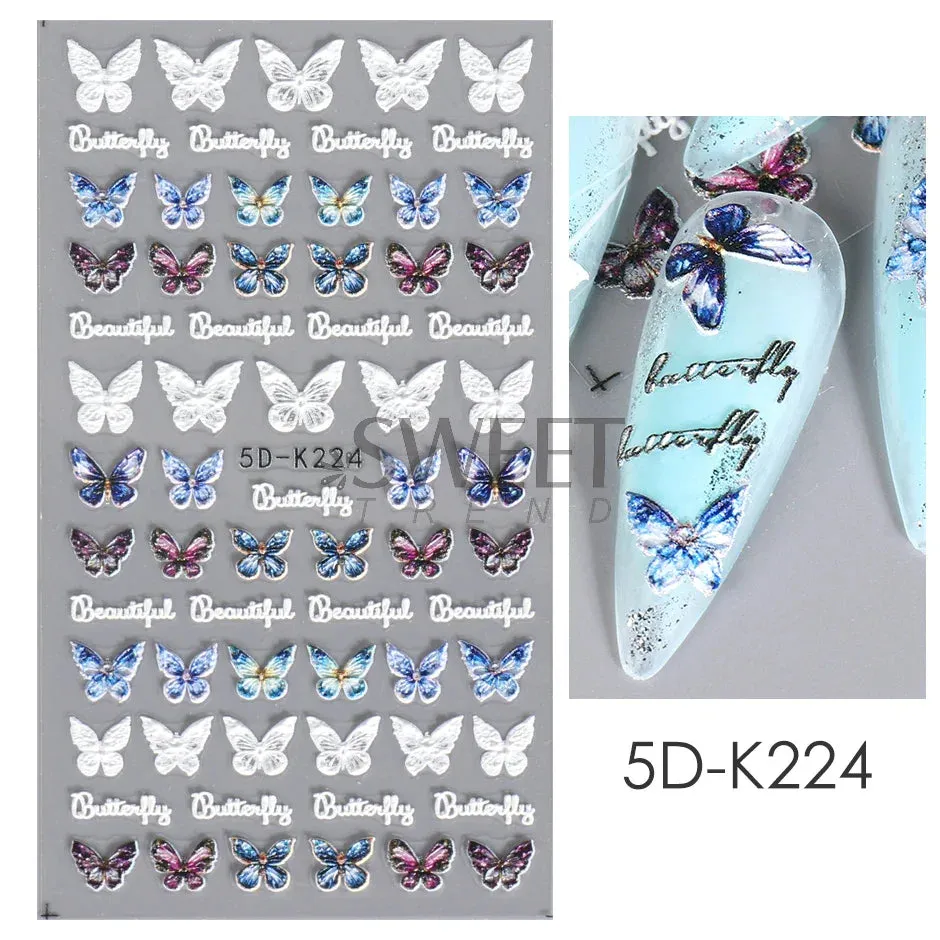 Joskaa 5D Black And White Butterfly Nails Stickers Luxury Embossed Nail Art Decals Cool Girl Text Lettering Sticker Manicure Decoration