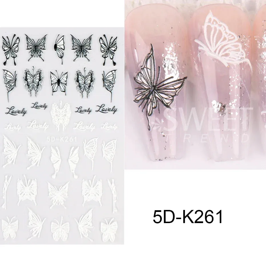 Joskaa 5D Black And White Butterfly Nails Stickers Luxury Embossed Nail Art Decals Cool Girl Text Lettering Sticker Manicure Decoration