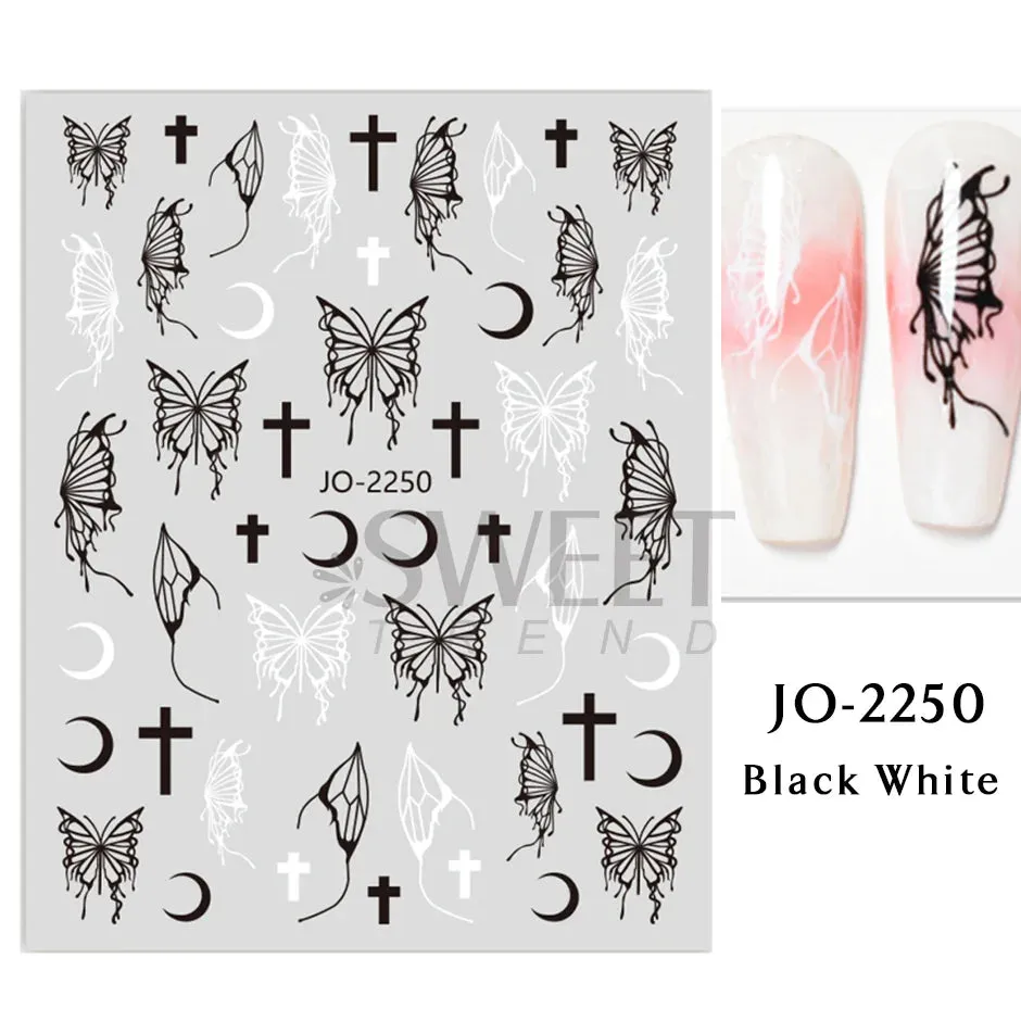 Joskaa 5D Black And White Butterfly Nails Stickers Luxury Embossed Nail Art Decals Cool Girl Text Lettering Sticker Manicure Decoration