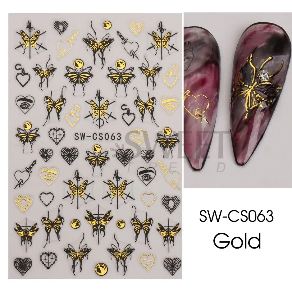 Joskaa 5D Black And White Butterfly Nails Stickers Luxury Embossed Nail Art Decals Cool Girl Text Lettering Sticker Manicure Decoration