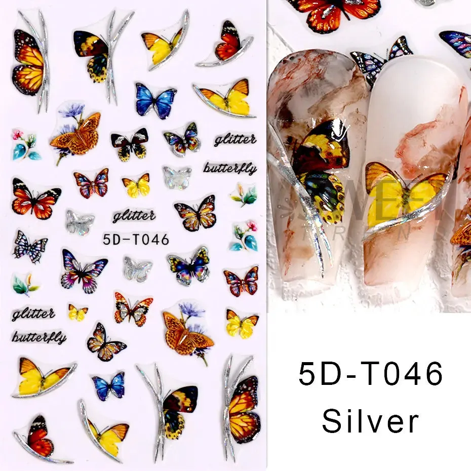 Joskaa 5D Black And White Butterfly Nails Stickers Luxury Embossed Nail Art Decals Cool Girl Text Lettering Sticker Manicure Decoration