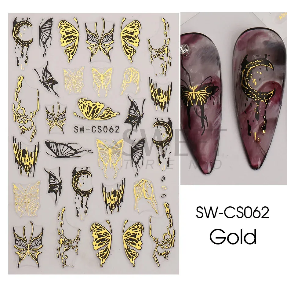 Joskaa 5D Black And White Butterfly Nails Stickers Luxury Embossed Nail Art Decals Cool Girl Text Lettering Sticker Manicure Decoration