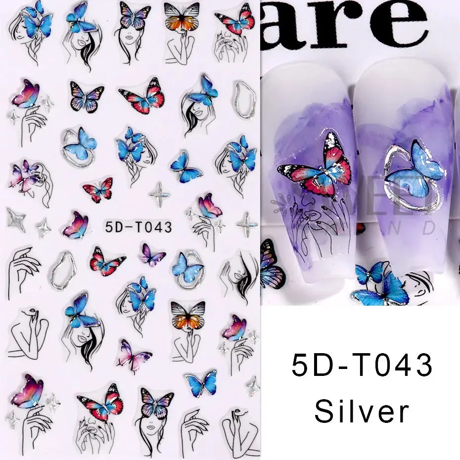 Joskaa 5D Black And White Butterfly Nails Stickers Luxury Embossed Nail Art Decals Cool Girl Text Lettering Sticker Manicure Decoration