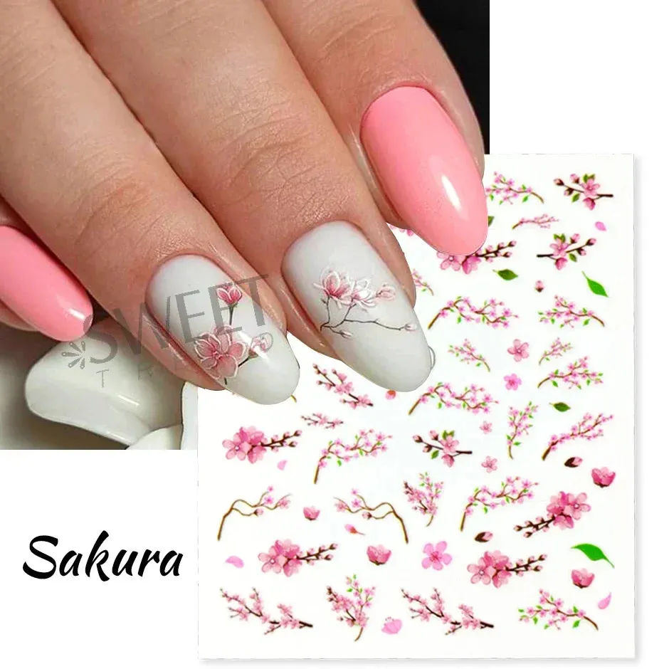 Joskaa Fresh Spring Simple Flower Nail Decoration Stickers Magnolia Sakura Floral Pattern Elegant Adhesive Sliders Manicure Decals LYDP