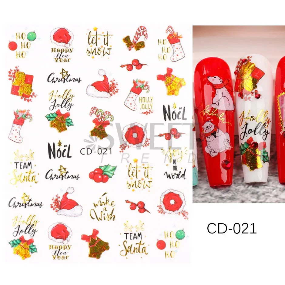 Joskaa Laser Red Christmas Nail Art Stickers 3D Cartoon Santa Snowman Xmas Tree Adhesive Sliders Winter New Year Manicure Decor LYCJ027
