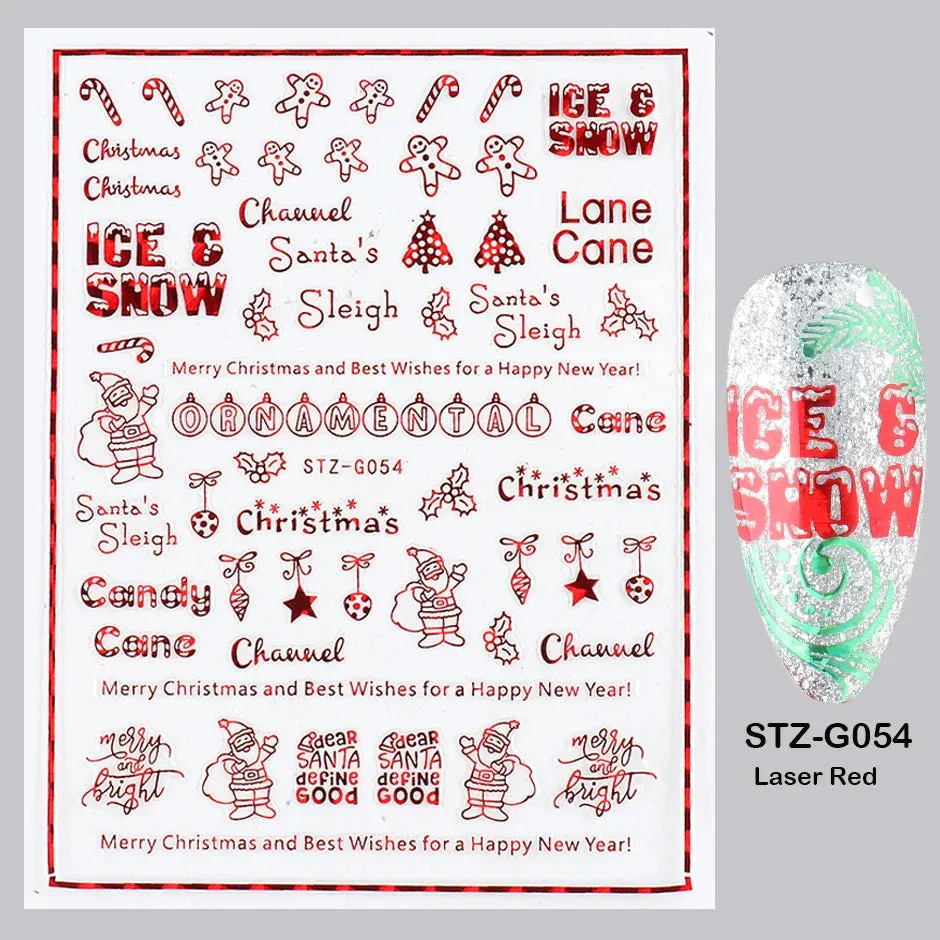 Joskaa Laser Red Christmas Nail Art Stickers 3D Cartoon Santa Snowman Xmas Tree Adhesive Sliders Winter New Year Manicure Decor LYCJ027