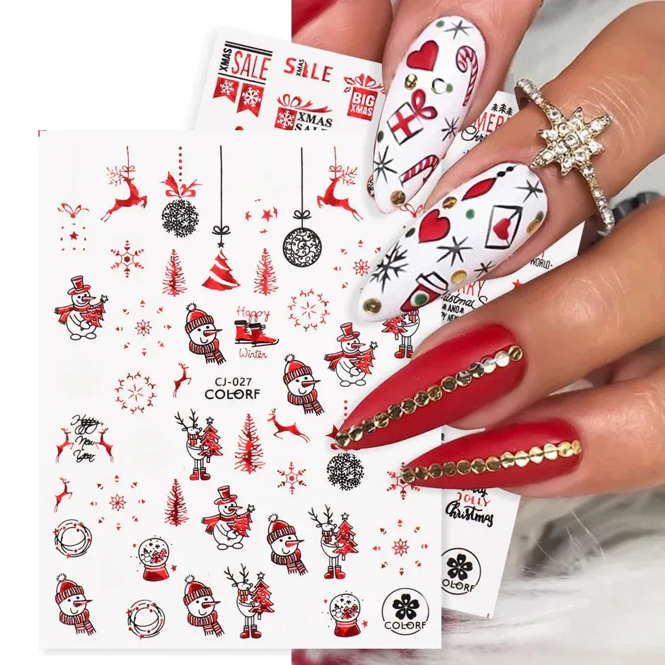 Joskaa Laser Red Christmas Nail Art Stickers 3D Cartoon Santa Snowman Xmas Tree Adhesive Sliders Winter New Year Manicure Decor LYCJ027