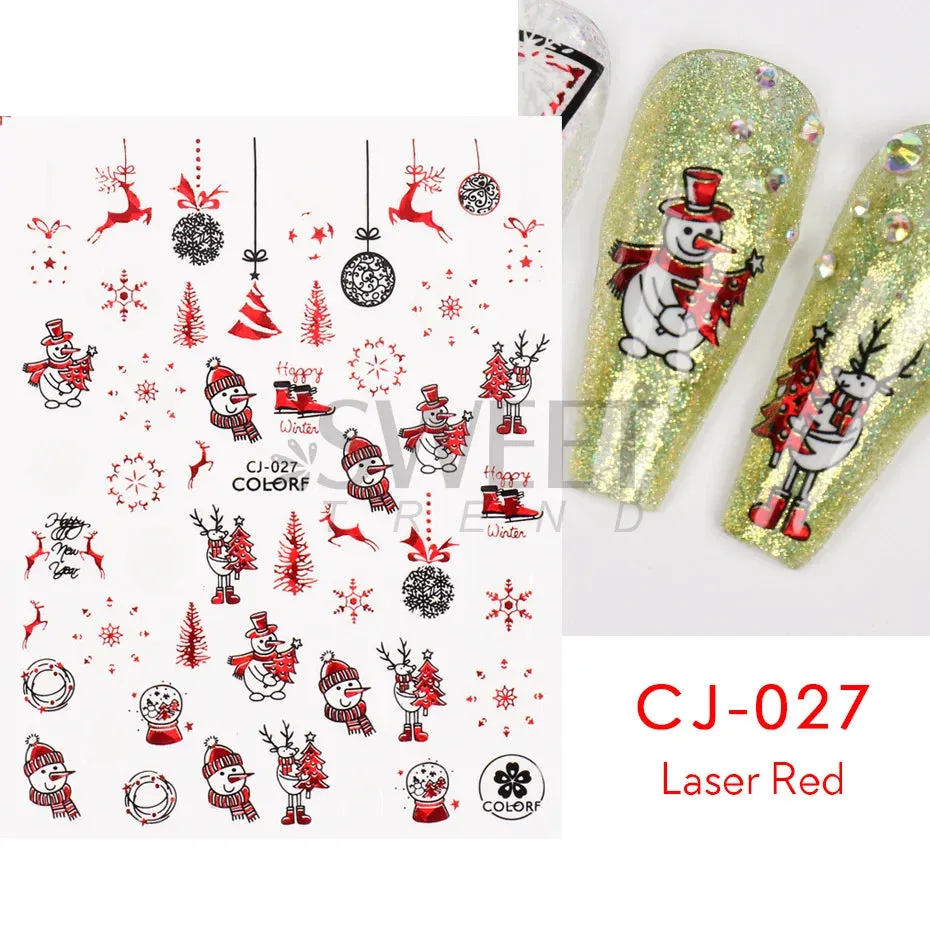 Joskaa Laser Red Christmas Nail Art Stickers 3D Cartoon Santa Snowman Xmas Tree Adhesive Sliders Winter New Year Manicure Decor LYCJ027