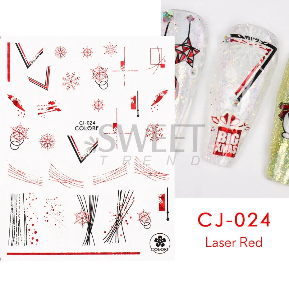 Joskaa Laser Red Christmas Nail Art Stickers 3D Cartoon Santa Snowman Xmas Tree Adhesive Sliders Winter New Year Manicure Decor LYCJ027