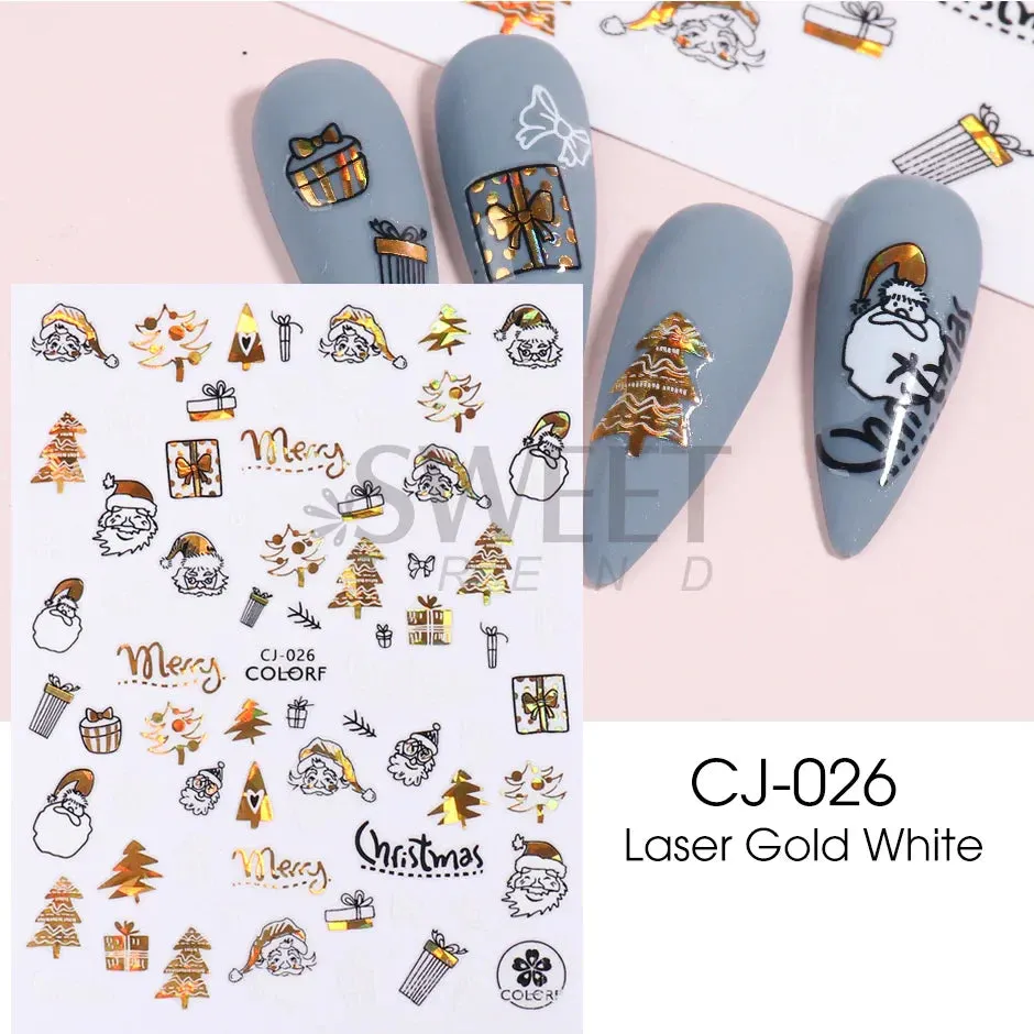 Joskaa Laser Red Christmas Nail Art Stickers 3D Cartoon Santa Snowman Xmas Tree Adhesive Sliders Winter New Year Manicure Decor LYCJ027