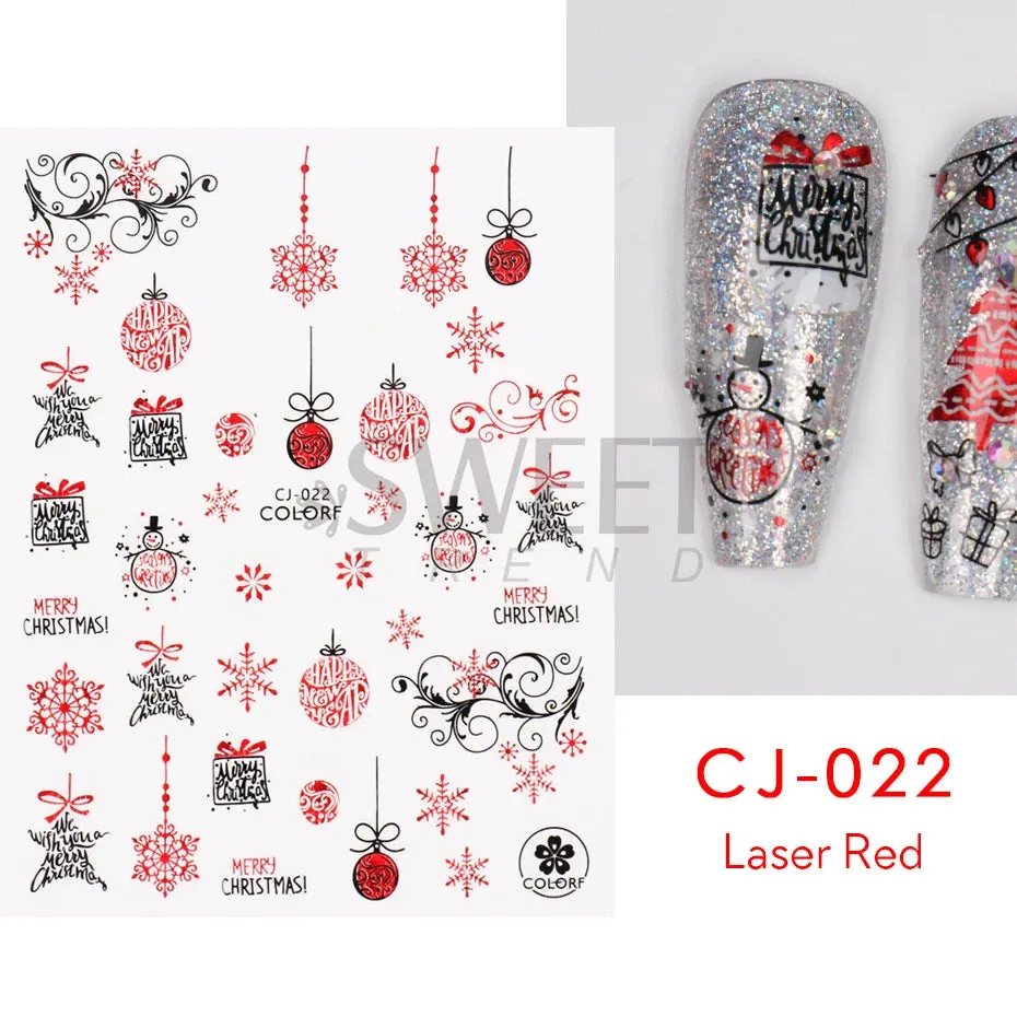 Joskaa Laser Red Christmas Nail Art Stickers 3D Cartoon Santa Snowman Xmas Tree Adhesive Sliders Winter New Year Manicure Decor LYCJ027