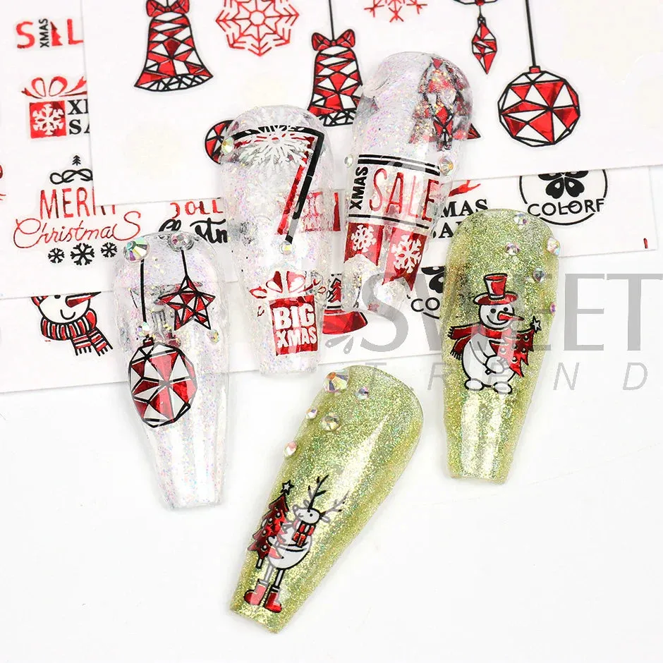 Joskaa Laser Red Christmas Nail Art Stickers 3D Cartoon Santa Snowman Xmas Tree Adhesive Sliders Winter New Year Manicure Decor LYCJ027