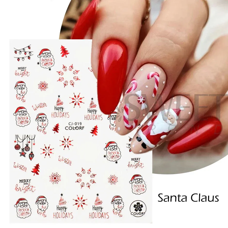Joskaa Laser Red Christmas Nail Art Stickers 3D Cartoon Santa Snowman Xmas Tree Adhesive Sliders Winter New Year Manicure Decor LYCJ027