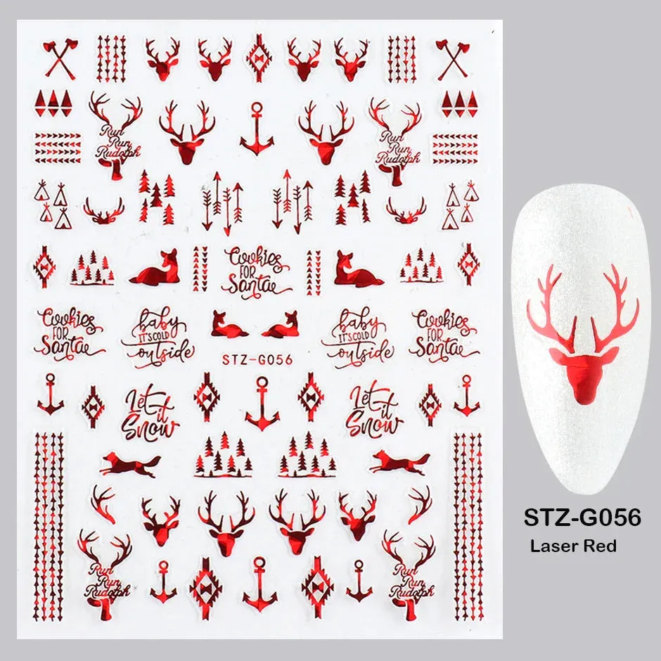 Joskaa Laser Red Christmas Nail Art Stickers 3D Cartoon Santa Snowman Xmas Tree Adhesive Sliders Winter New Year Manicure Decor LYCJ027