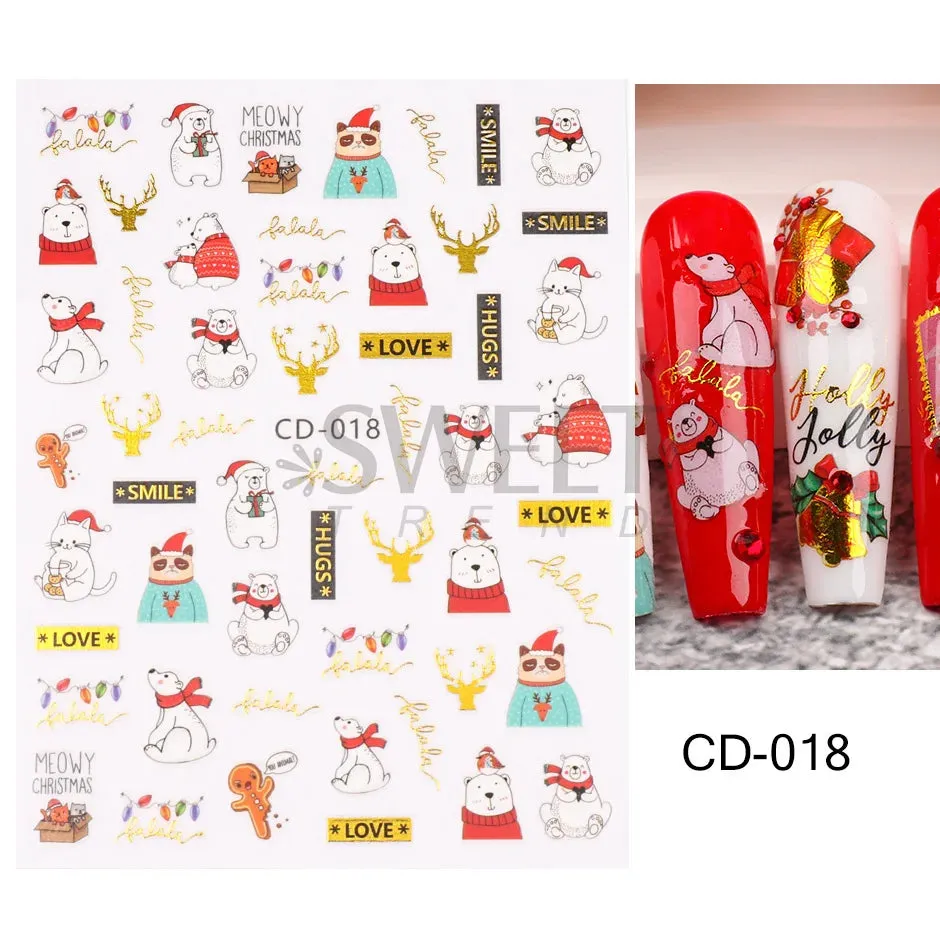 Joskaa Laser Red Christmas Nail Art Stickers 3D Cartoon Santa Snowman Xmas Tree Adhesive Sliders Winter New Year Manicure Decor LYCJ027